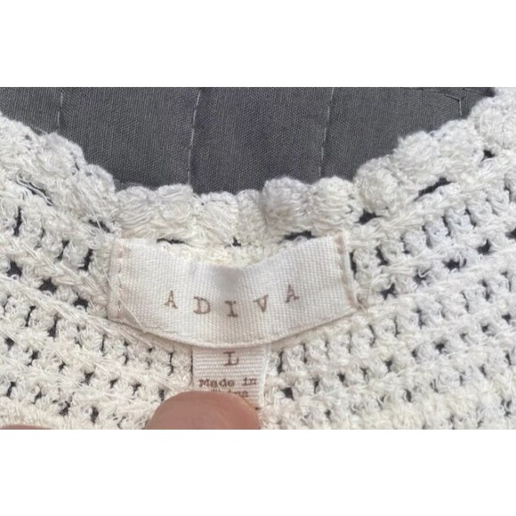 ADIVA Ivory white crochet lace inserts tank top gauzy cotton cloth pompoms Sz L - Picture 9 of 11